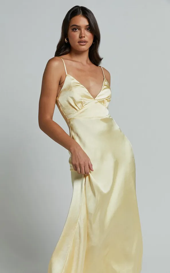 Showpo Lorenzia Maxi Dress 8211 Plunge Corset Underbust Detail Satin Dress In Lemon Women Dresses