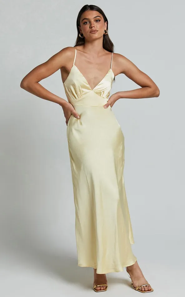 Showpo Lorenzia Maxi Dress 8211 Plunge Corset Underbust Detail Satin Dress In Lemon Women Dresses