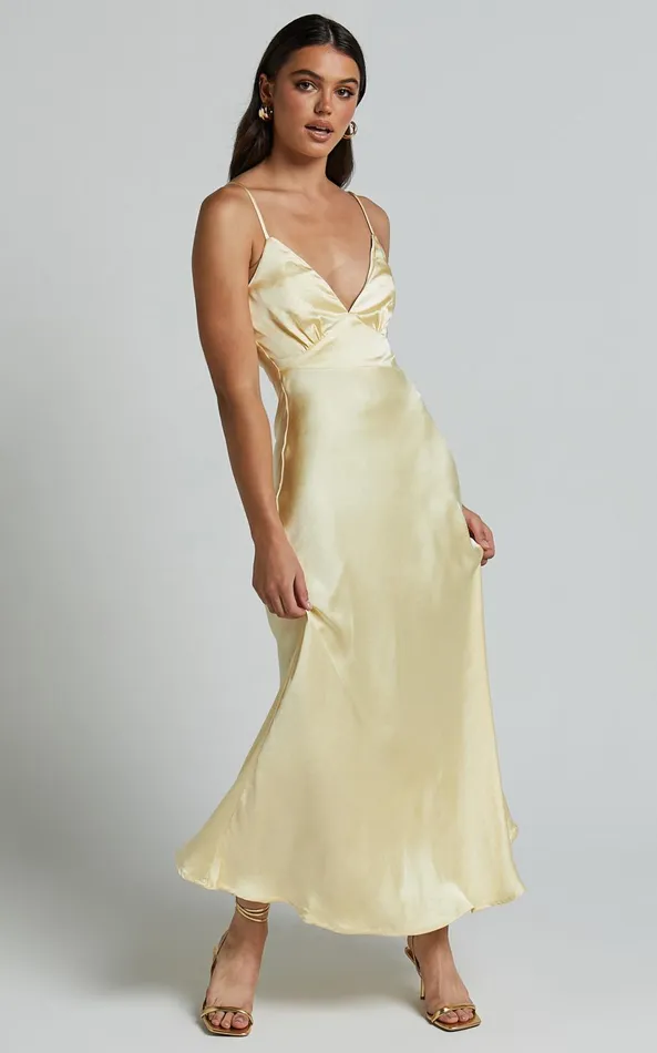 Showpo Lorenzia Maxi Dress 8211 Plunge Corset Underbust Detail Satin Dress In Lemon Women Dresses