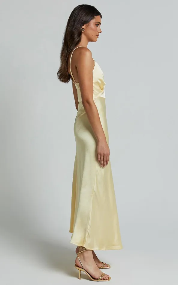 Showpo Lorenzia Maxi Dress 8211 Plunge Corset Underbust Detail Satin Dress In Lemon Women Dresses