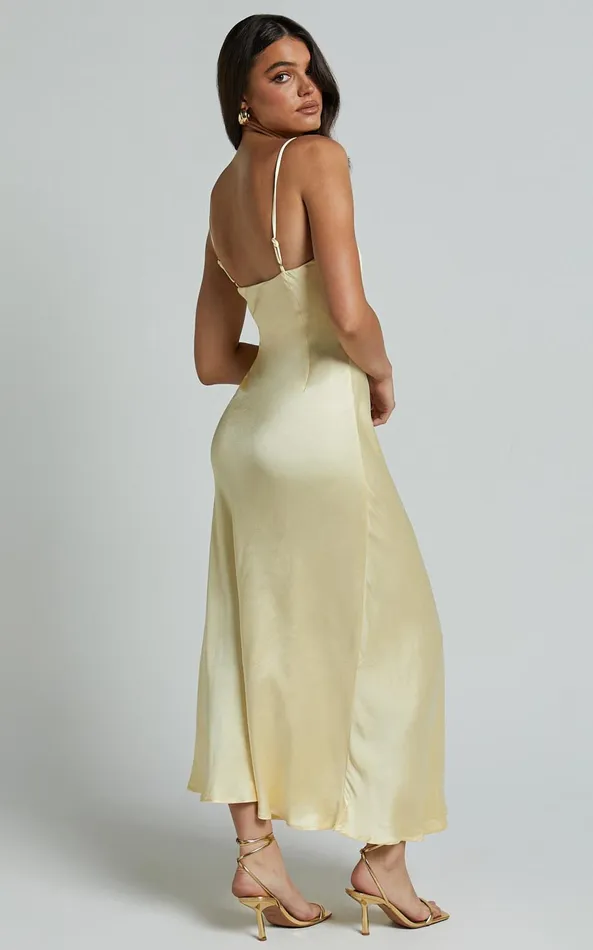 Showpo Lorenzia Maxi Dress 8211 Plunge Corset Underbust Detail Satin Dress In Lemon Women Dresses