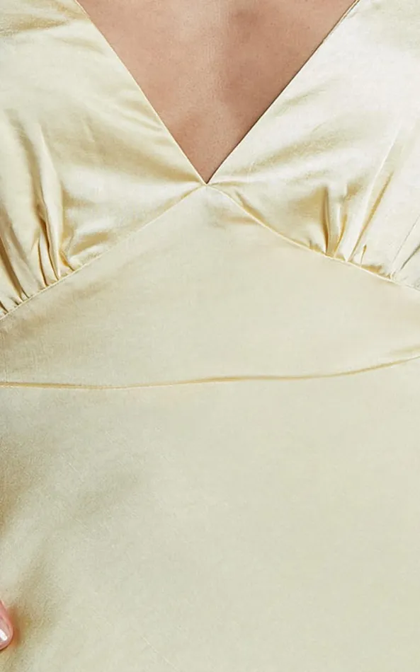 Showpo Lorenzia Maxi Dress 8211 Plunge Corset Underbust Detail Satin Dress In Lemon Women Dresses