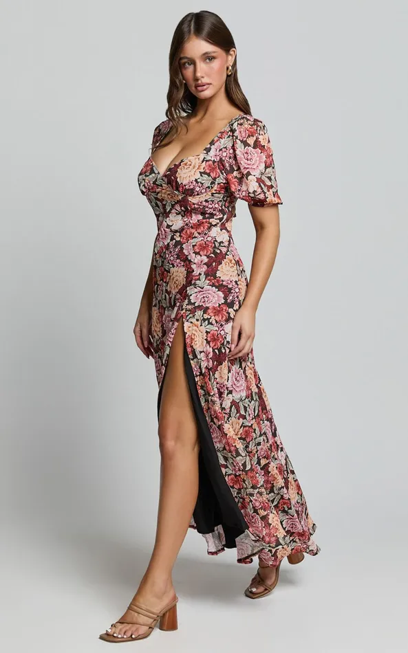 Showpo Lorie Maxi Dress 8211 Short Sleeve Cut Out Tie Back Dress In Boheme Floral Women Dresses