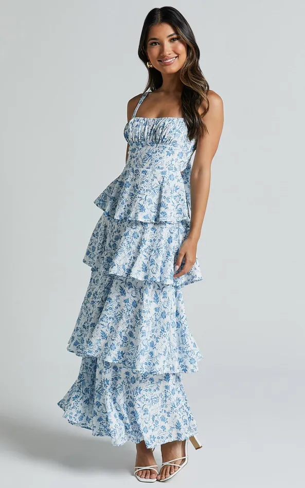 Showpo Lorma Midi Dress 8211 Ruched Layered Dress In Blue Floral Women Dresses Showpo Lorma Midi Dress 8211 Ruched Layered Dress In Blue Floral Women Dresses