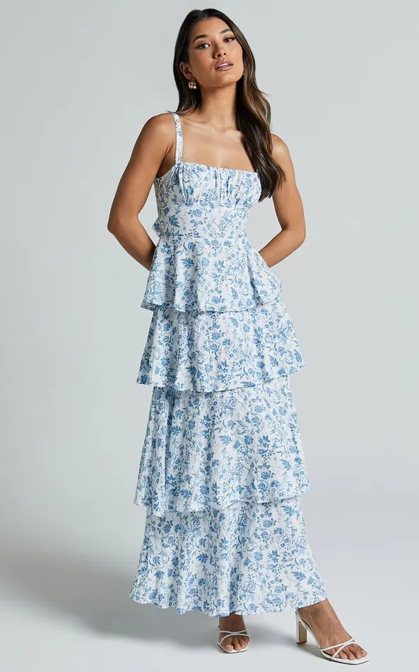 Showpo Lorma Midi Dress 8211 Ruched Layered Dress In Blue Floral Women Dresses