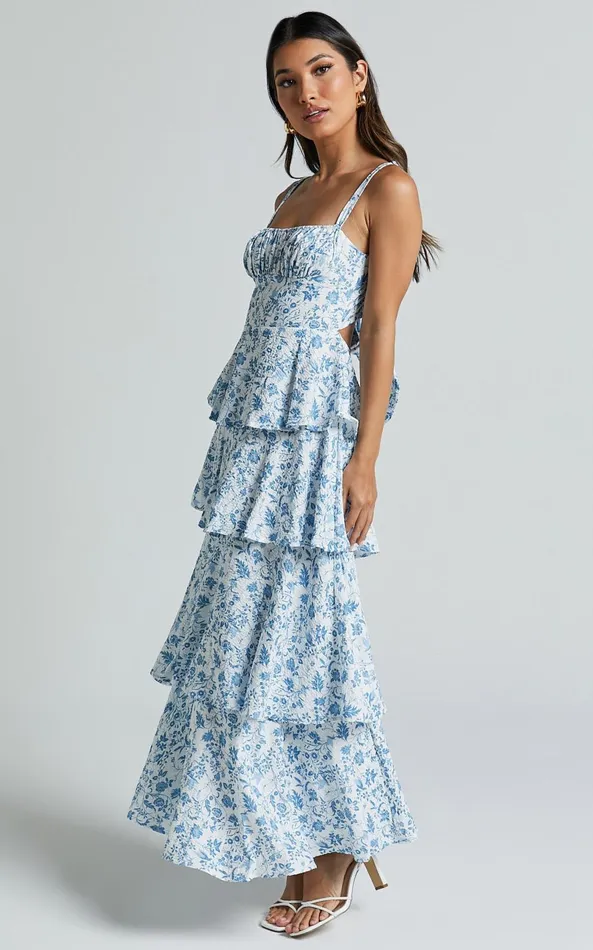 Showpo Lorma Midi Dress 8211 Ruched Layered Dress In Blue Floral Women Dresses