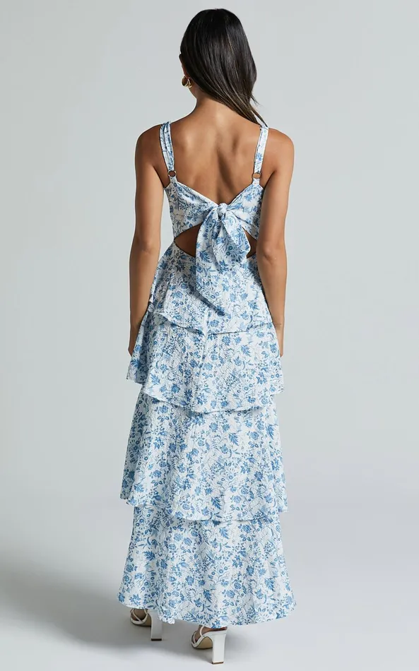 Showpo Lorma Midi Dress 8211 Ruched Layered Dress In Blue Floral Women Dresses