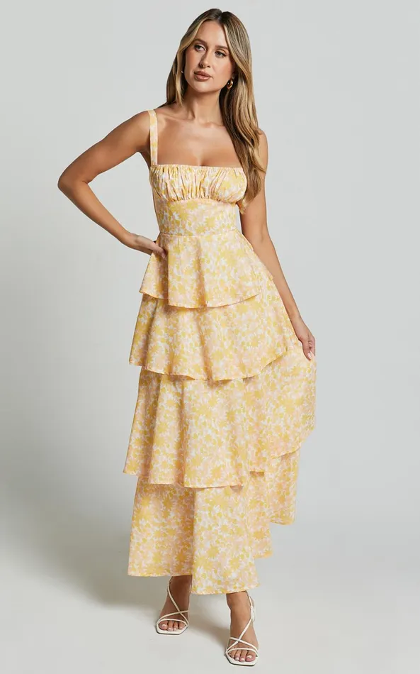 Showpo Lorma Midi Dress 8211 Ruched Layered Dress In Orange Floral Women Dresses