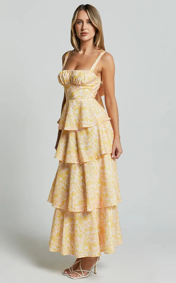Showpo Lorma Midi Dress 8211 Ruched Layered Dress In Orange Floral Women Dresses