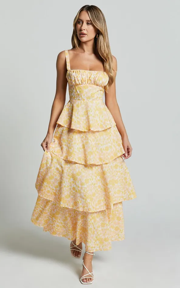 Showpo Lorma Midi Dress 8211 Ruched Layered Dress In Orange Floral Women Dresses