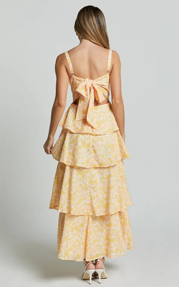 Showpo Lorma Midi Dress 8211 Ruched Layered Dress In Orange Floral Women Dresses