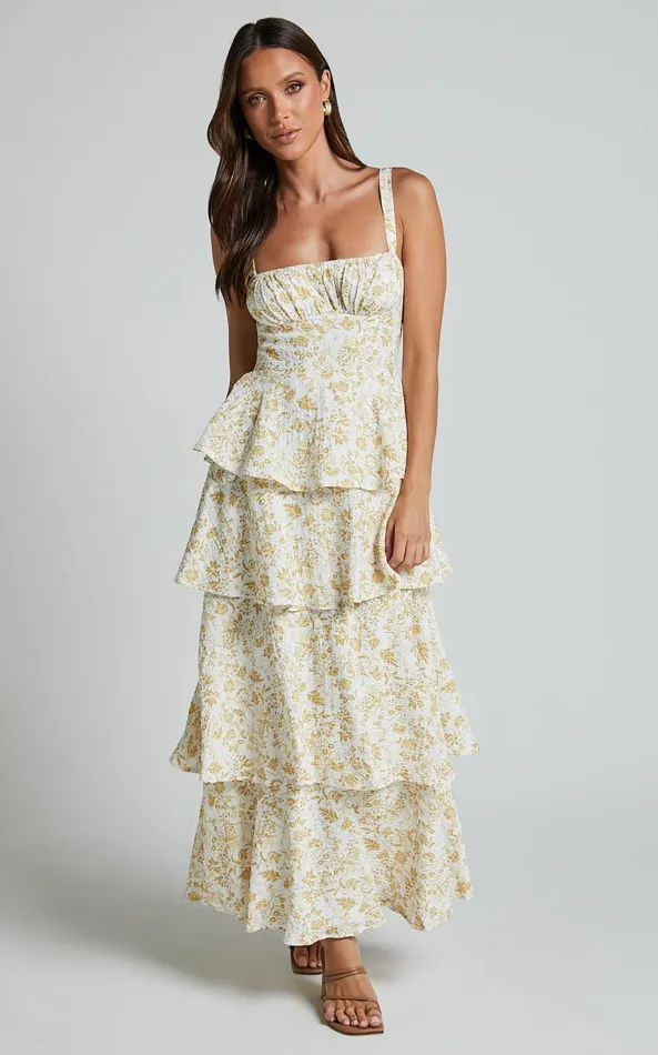 Showpo Lorma Midi Dress 8211 Ruched Layered Dress In Yellow Women Dresses