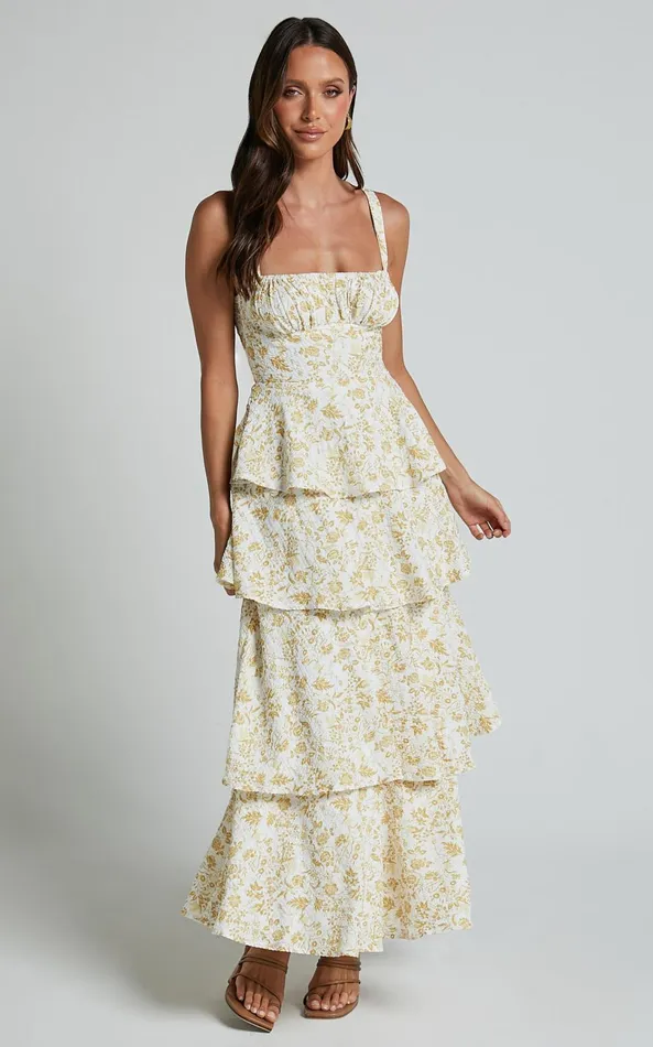 Showpo Lorma Midi Dress 8211 Ruched Layered Dress In Yellow Women Dresses