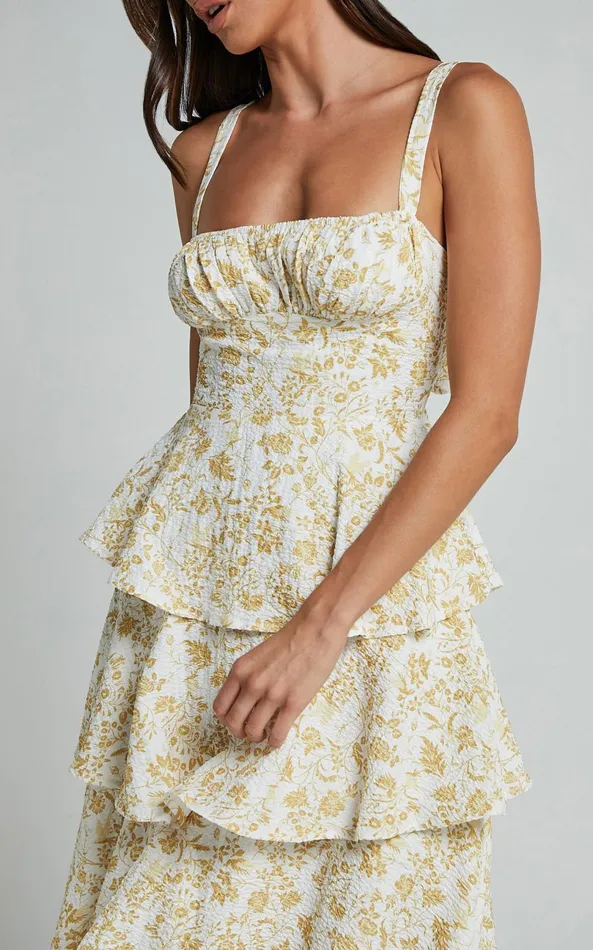 Showpo Lorma Midi Dress 8211 Ruched Layered Dress In Yellow Women Dresses