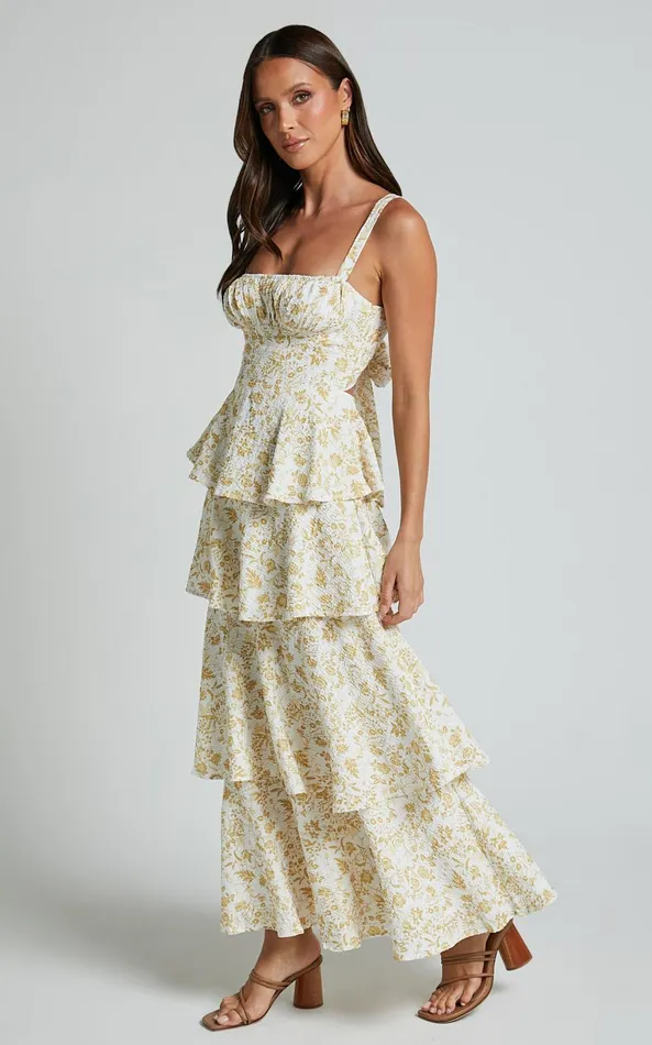 Showpo Lorma Midi Dress 8211 Ruched Layered Dress In Yellow Women Dresses