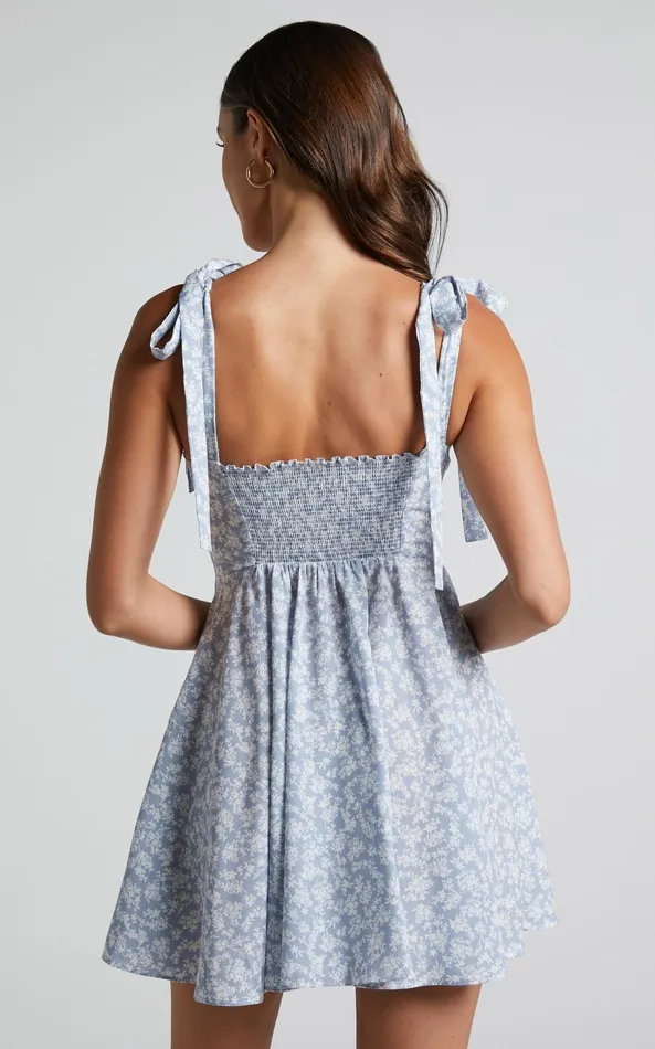 Showpo Lorreta Mini Dress 8211 Tie Shoulder Sweetheart Dress In Blue Floral Women Dresses
