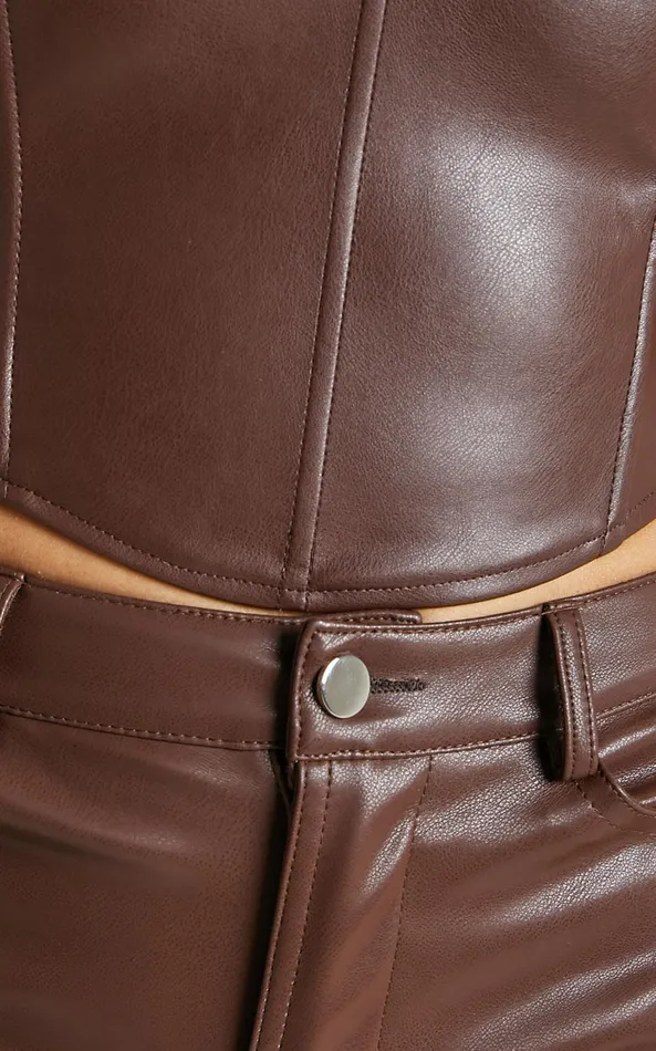Showpo Lorrin Corset 8211 Faux Leather Cropped Corset In Chocolate Women Tops