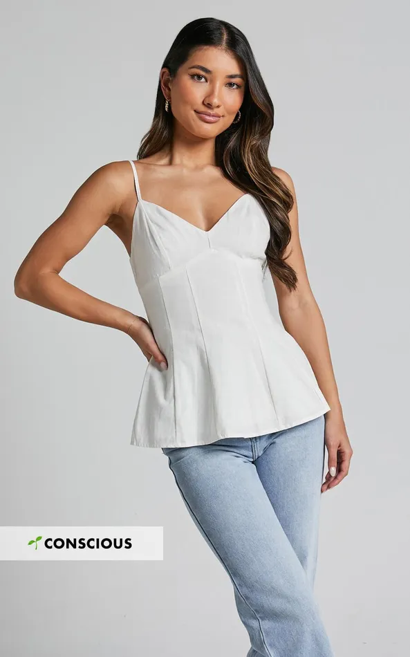 Showpo Louella Top 8211 Strappy Panel Seam Peplum Cami In White Women Tops