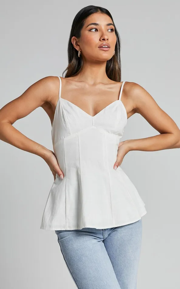 Showpo Louella Top 8211 Strappy Panel Seam Peplum Cami In White Women Tops