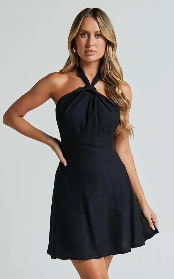 Showpo Louie Mini Dress 8211 Linen Look Halter Neck Dress In Black Women Dresses