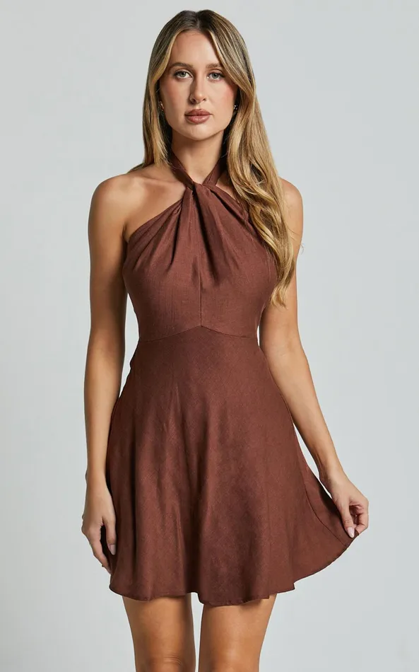 Showpo Louie Mini Dress 8211 Linen Look Halter Neck Dress In Chocolate Women Dresses Showpo Louie Mini Dress 8211 Linen Look Halter Neck Dress In Chocolate Women Dresses