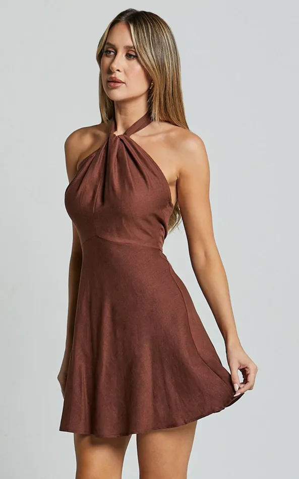 Showpo Louie Mini Dress 8211 Linen Look Halter Neck Dress In Chocolate Women Dresses