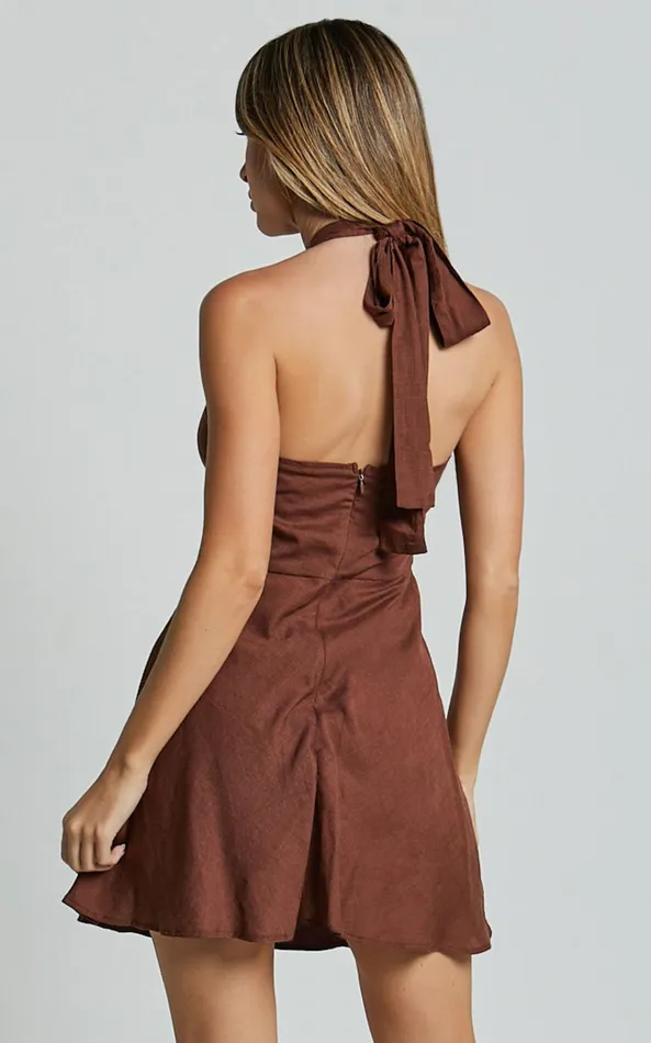Showpo Louie Mini Dress 8211 Linen Look Halter Neck Dress In Chocolate Women Dresses