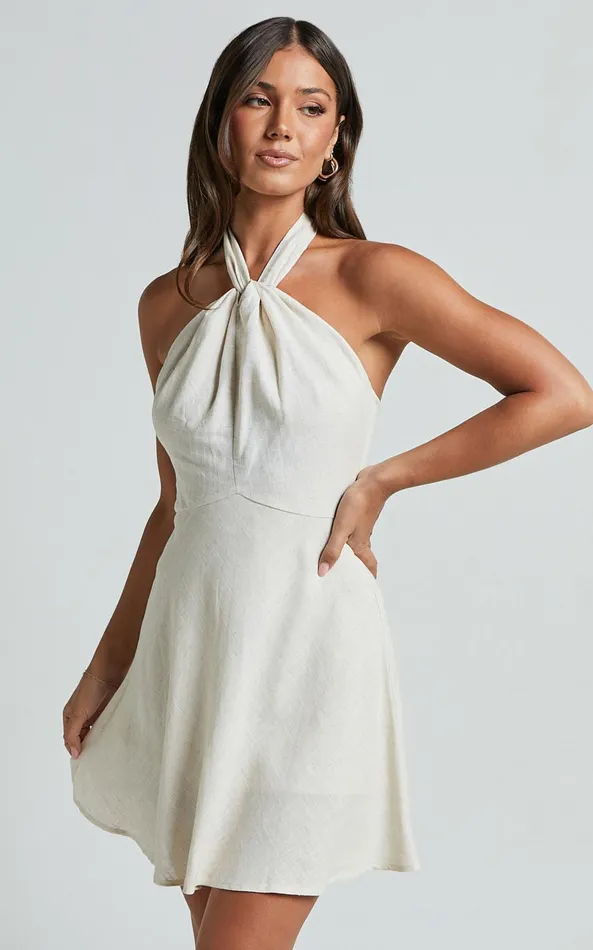 Showpo Louie Mini Dress 8211 Linen Look Halter Neck Dress In Natural Women Dresses
