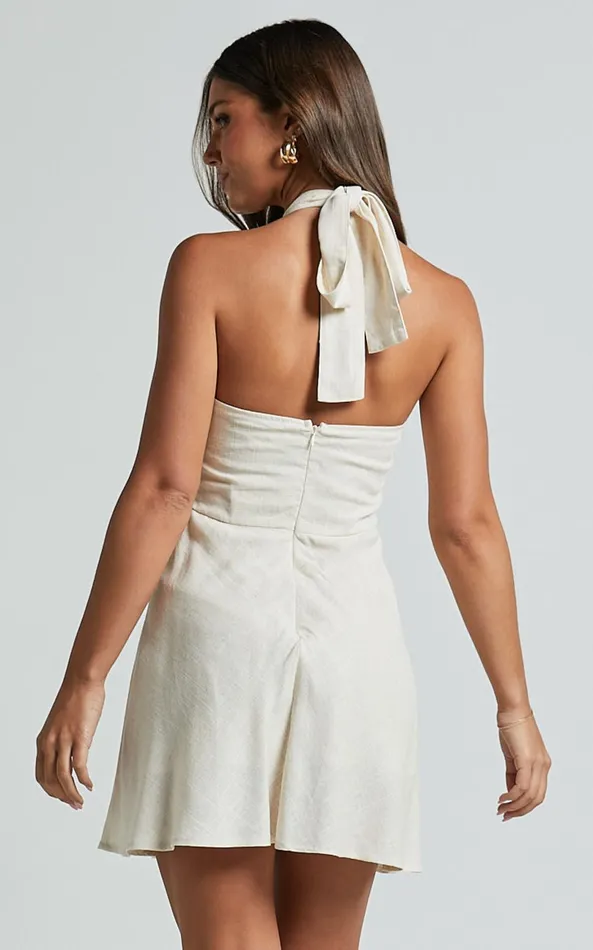 Showpo Louie Mini Dress 8211 Linen Look Halter Neck Dress In Natural Women Dresses