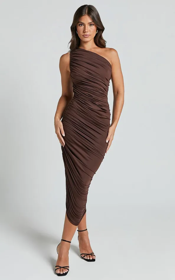 Showpo Lovlin Midi Dress 8211 One Shoulder Ruched Dress In Chocolate Women Dresses Showpo Lovlin Midi Dress 8211 One Shoulder Ruched Dress In Chocolate Women Dresses