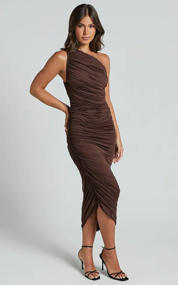 Showpo Lovlin Midi Dress 8211 One Shoulder Ruched Dress In Chocolate Women Dresses
