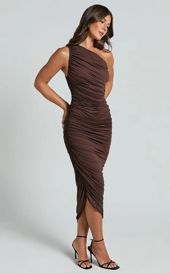Showpo Lovlin Midi Dress 8211 One Shoulder Ruched Dress In Chocolate Women Dresses