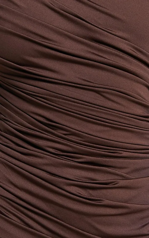 Showpo Lovlin Midi Dress 8211 One Shoulder Ruched Dress In Chocolate Women Dresses