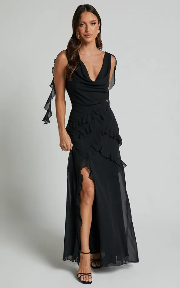 Showpo Lowen Maxi Skirt 8211 High Waist Frill Thigh Split Skirt In Black Women Skirts