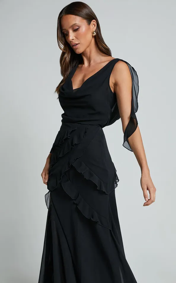 Showpo Lowen Maxi Skirt 8211 High Waist Frill Thigh Split Skirt In Black Women Skirts