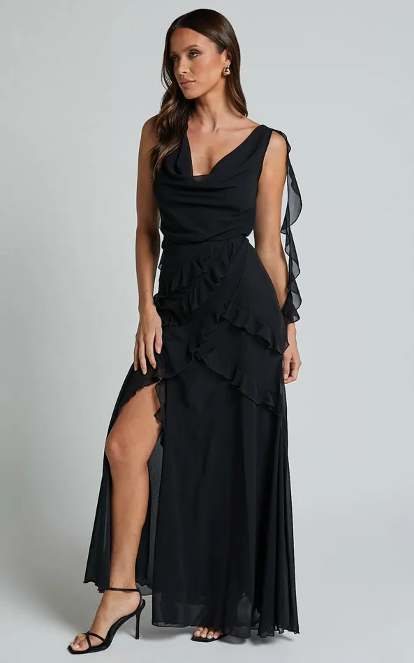 Showpo Lowen Maxi Skirt 8211 High Waist Frill Thigh Split Skirt In Black Women Skirts