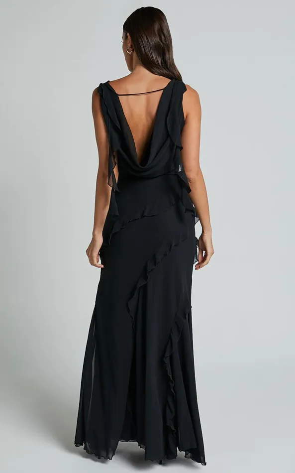 Showpo Lowen Maxi Skirt 8211 High Waist Frill Thigh Split Skirt In Black Women Skirts