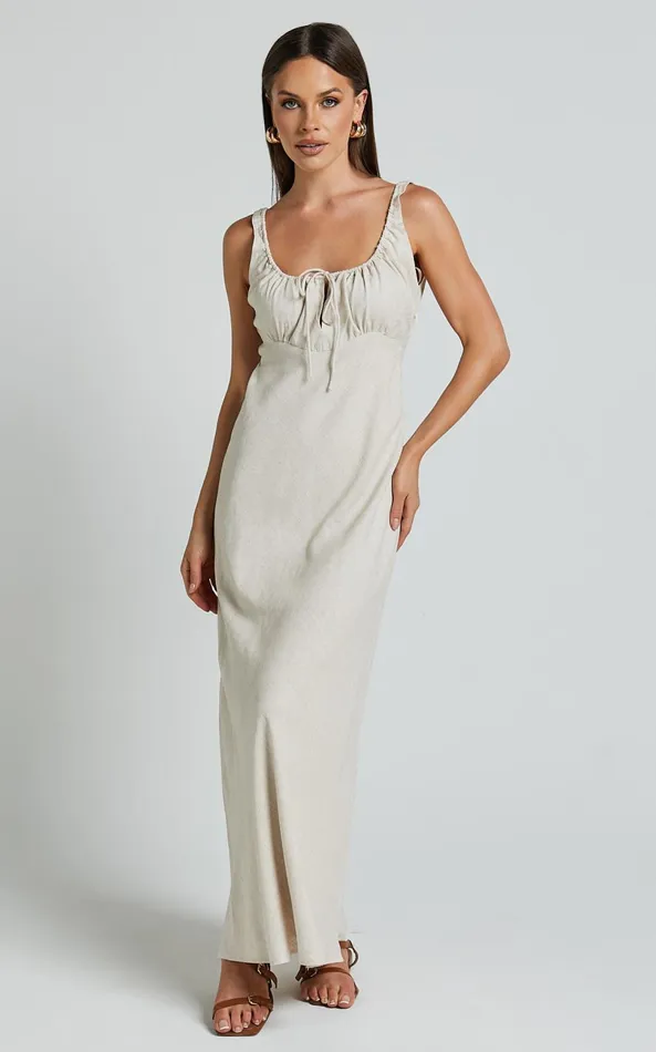 Showpo Lucas Midi Dress 8211 Ruched Bust Linen Look Dress In Natural Women Dresses Showpo Lucas Midi Dress 8211 Ruched Bust Linen Look Dress In Natural Women Dresses