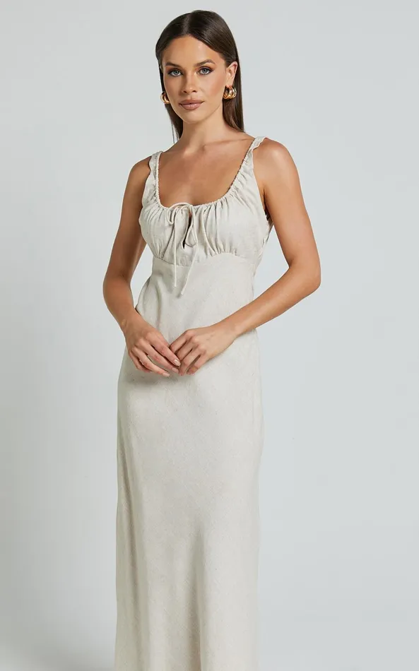 Showpo Lucas Midi Dress 8211 Ruched Bust Linen Look Dress In Natural Women Dresses