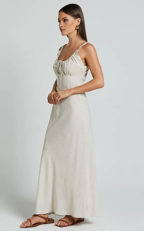 Showpo Lucas Midi Dress 8211 Ruched Bust Linen Look Dress In Natural Women Dresses