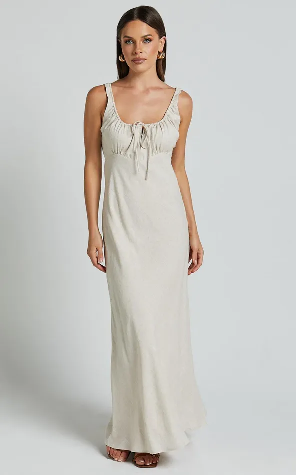 Showpo Lucas Midi Dress 8211 Ruched Bust Linen Look Dress In Natural Women Dresses
