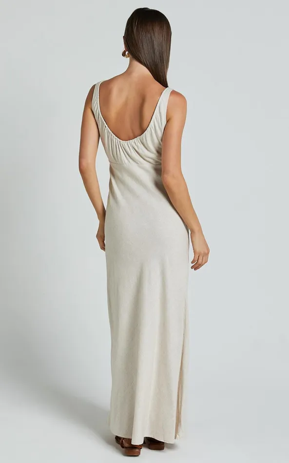 Showpo Lucas Midi Dress 8211 Ruched Bust Linen Look Dress In Natural Women Dresses