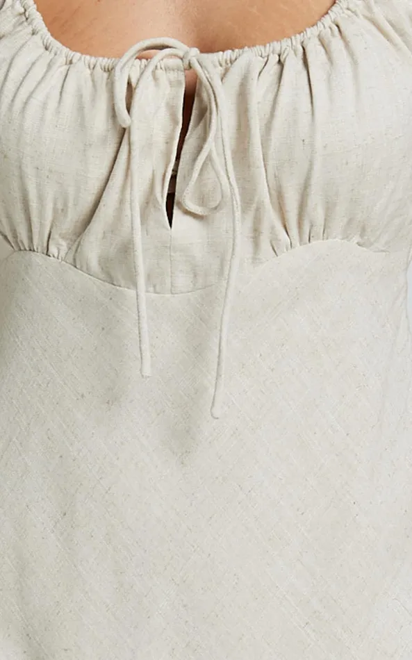Showpo Lucas Midi Dress 8211 Ruched Bust Linen Look Dress In Natural Women Dresses