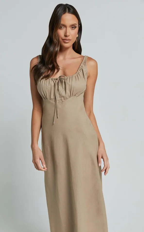 Showpo Lucas Midi Dress 8211 Ruched Bust Linen Look Dress In Tobacco Women Dresses