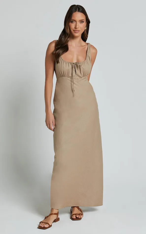 Showpo Lucas Midi Dress 8211 Ruched Bust Linen Look Dress In Tobacco Women Dresses