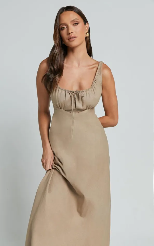 Showpo Lucas Midi Dress 8211 Ruched Bust Linen Look Dress In Tobacco Women Dresses