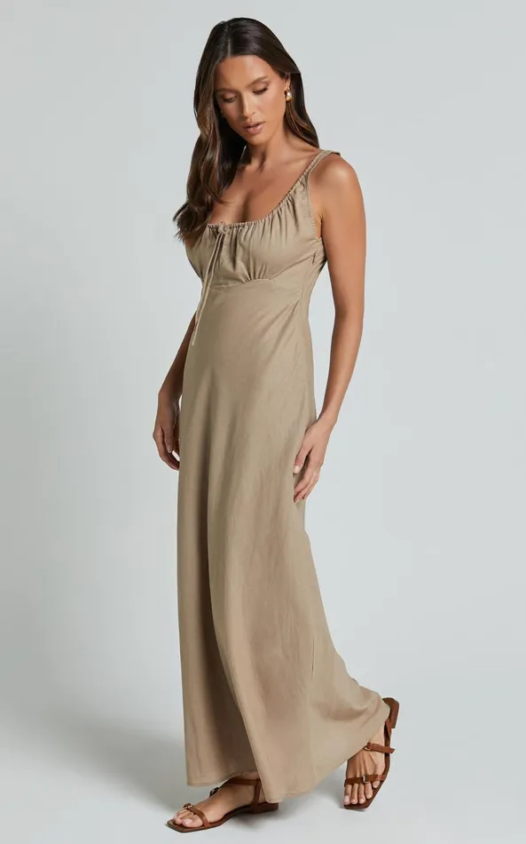Showpo Lucas Midi Dress 8211 Ruched Bust Linen Look Dress In Tobacco Women Dresses