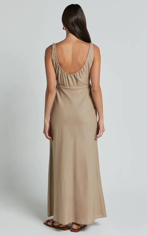 Showpo Lucas Midi Dress 8211 Ruched Bust Linen Look Dress In Tobacco Women Dresses