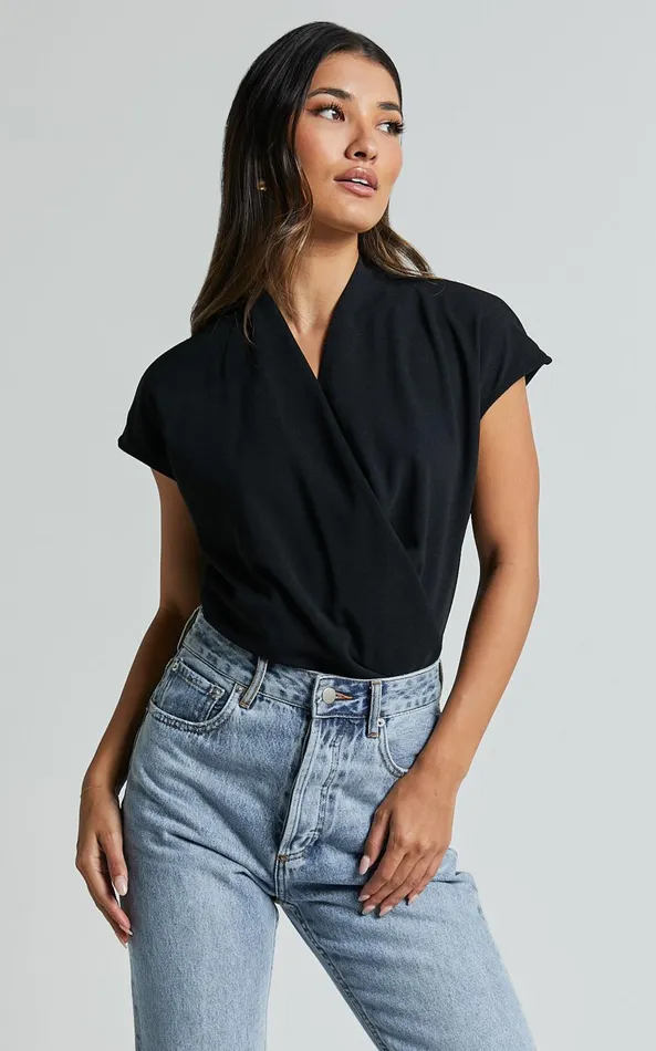 Showpo Lucianne Top 8211 Short Sleeve Draped Top In Black Women Tops