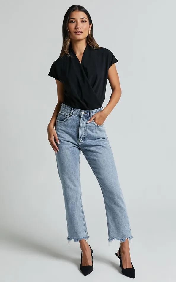 Showpo Lucianne Top 8211 Short Sleeve Draped Top In Black Women Tops